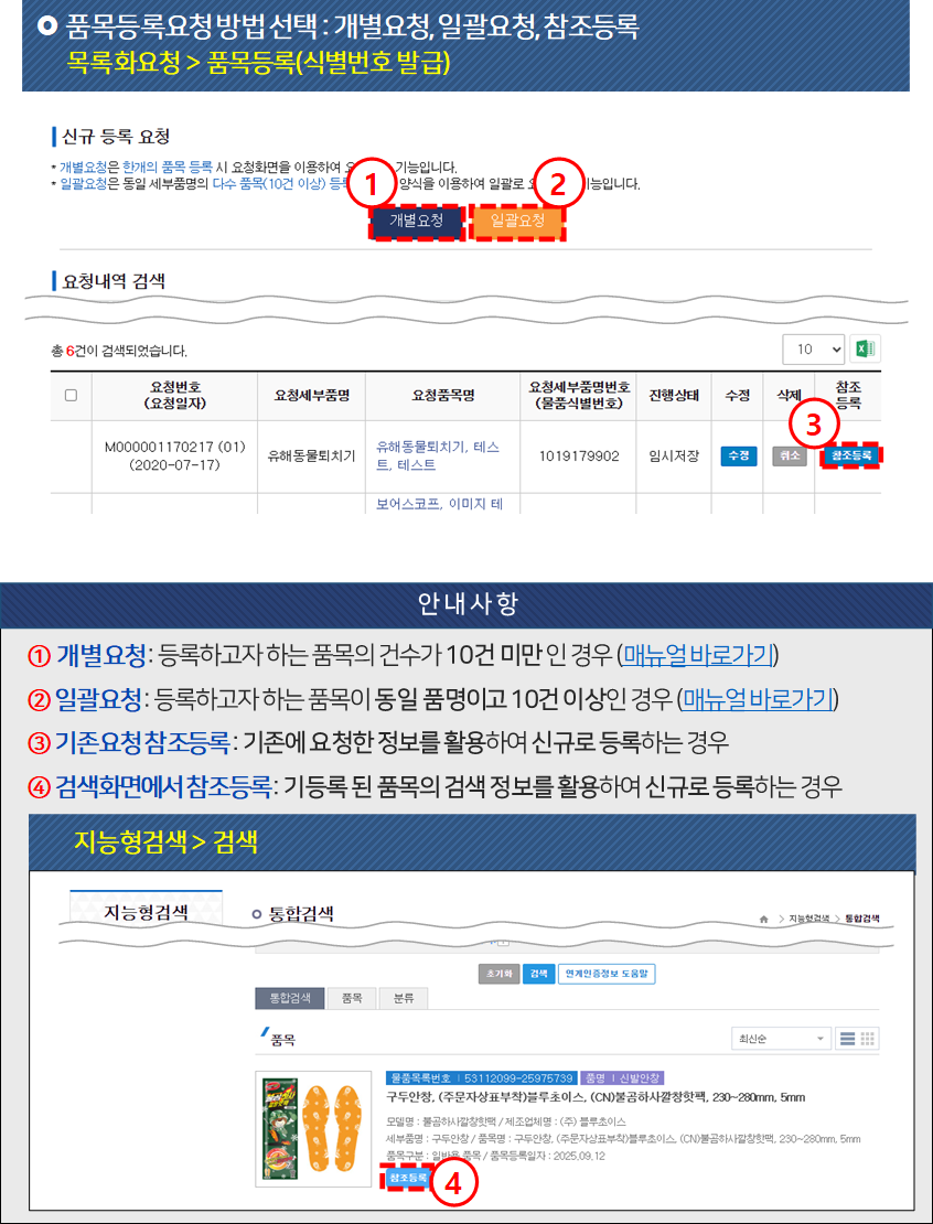 품목등록요청 방법 선택